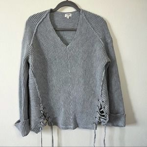 Umgee Grey V Neck Lace up Hem Detail Pullover Sweater